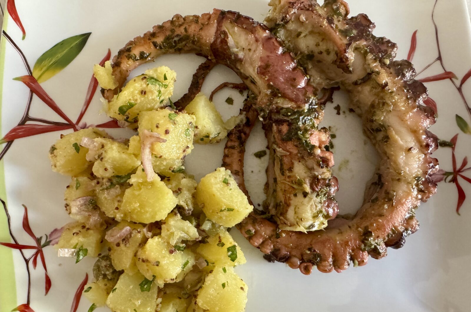 Poulpe braisé aux herbes et salade de pommes de terre