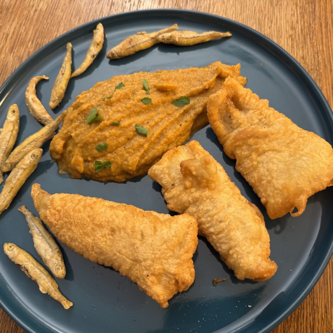 Merlan façon fish and chips et purée de butternut rôti